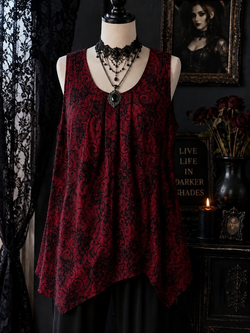 Notations Red Black Lace Print Sleeveless Blouse Top Size L Goth Romantic